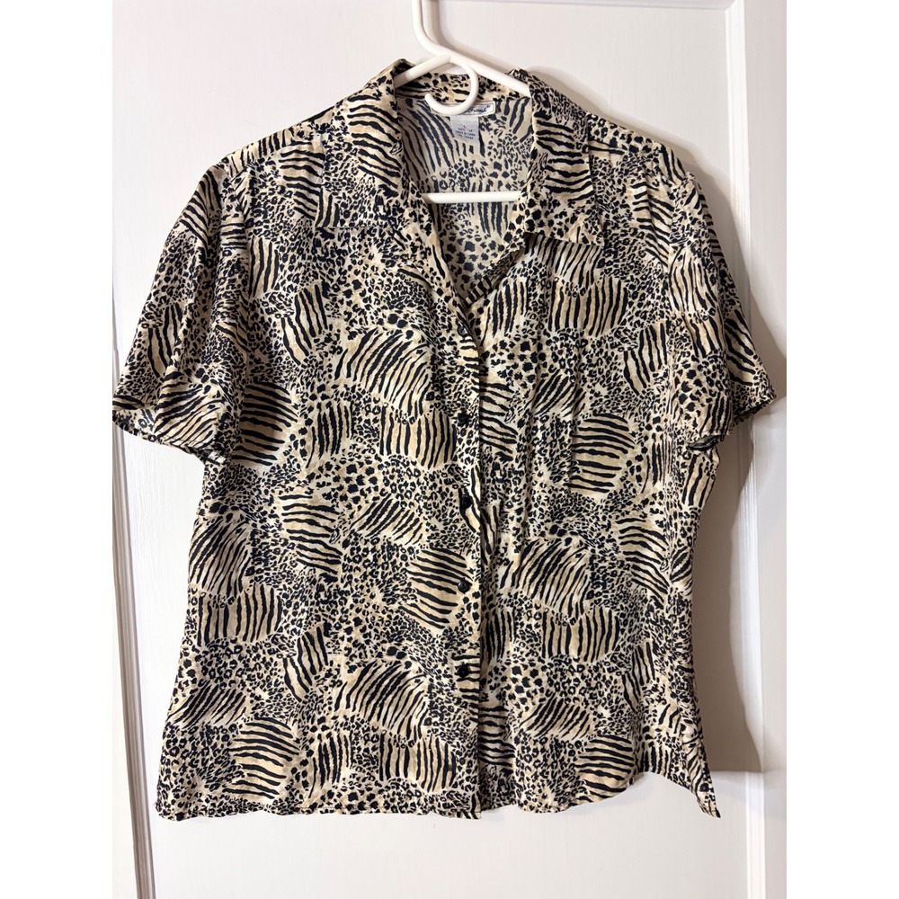 Anna and Frank 100% Silk Animal Print Button Down Shirt Tan Black Large